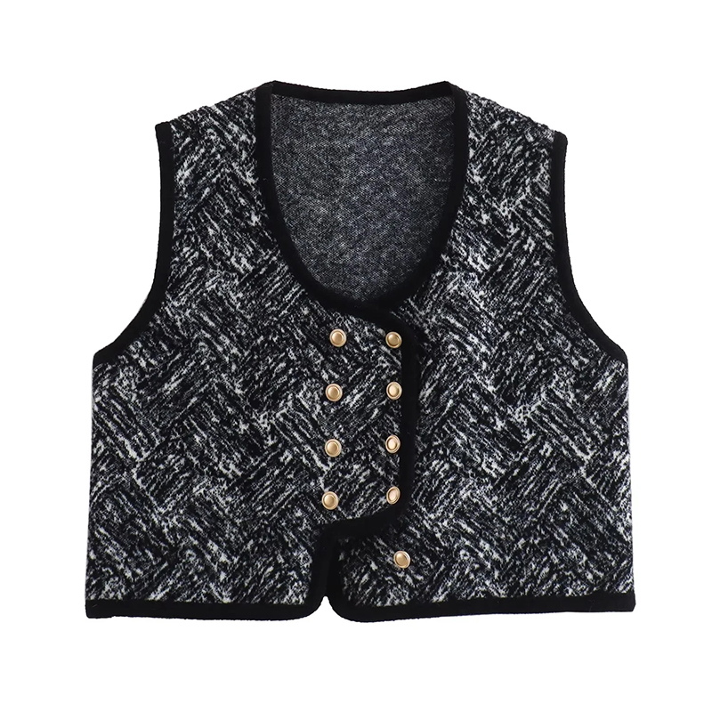 Black Jacquard Double-breasted Knitted Cardigan Vest