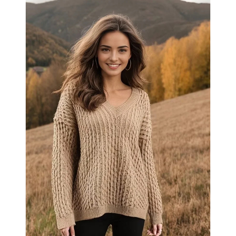 Khaki V-neck Knitted Sweater