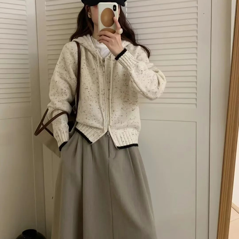 Beige Blended Knit Hooded Cardigan Sweater