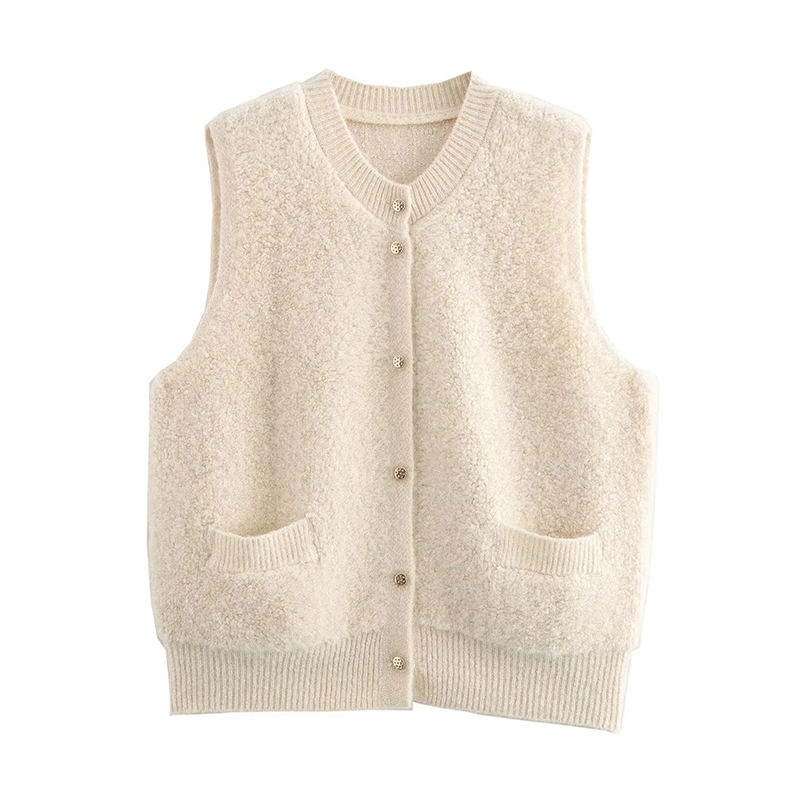 Grey Round Neck Sleeveless Knit Button Vest