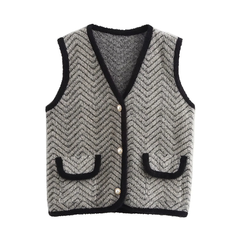 Black V-neck Wavy Jacquard Sleeveless Knitted Vest