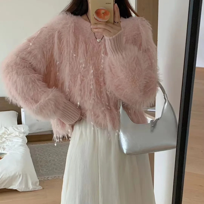 Black Faux Mink 3d Tassel Round Neck Pullover Knitted Sweater