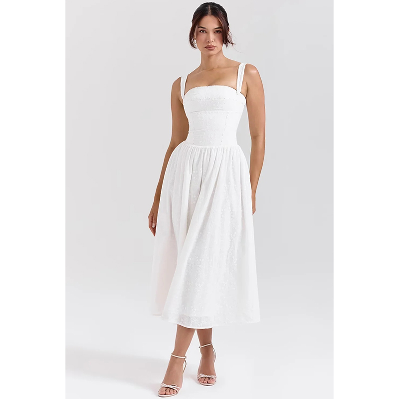 White Cotton Embroidered Suspender Dress