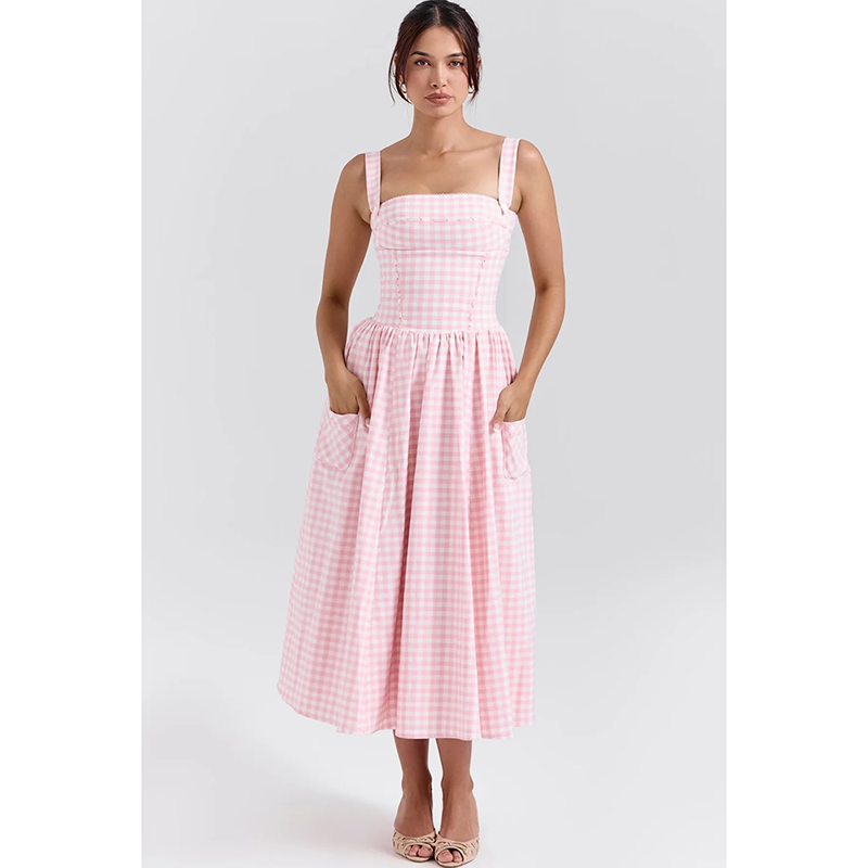 Pink White Polyester Check Maxi Dress