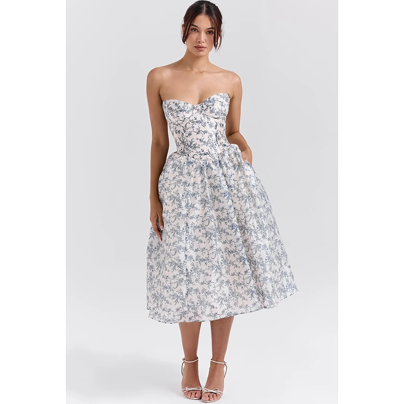 Blue Printed Tube Top Maxi Dress