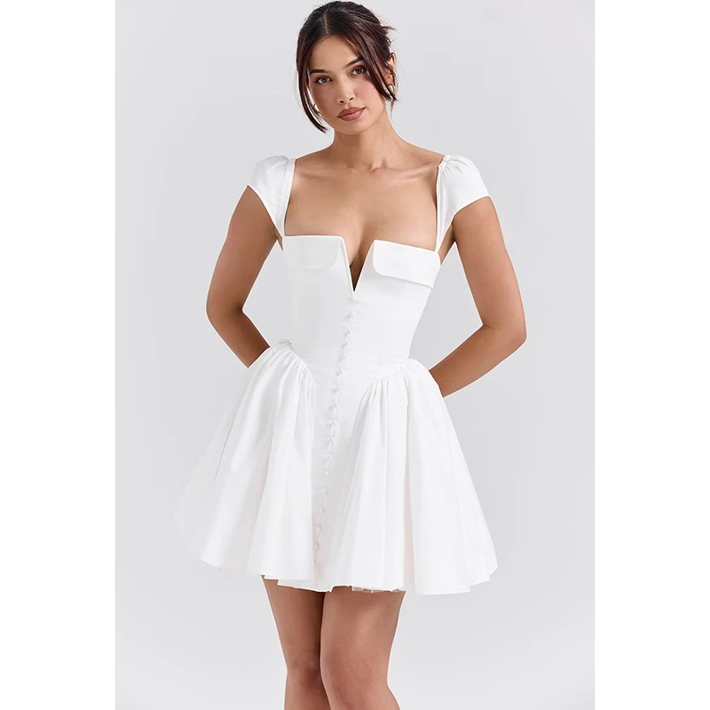 White Polyester V-neck Pleated Skirt