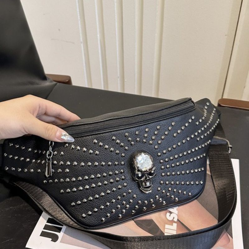Black Pu Rivet Skull Crossbody Bag