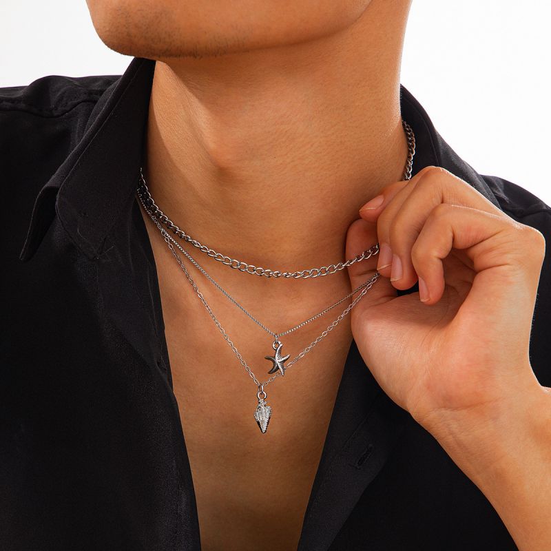 Silver Alloy Conch Multi-layer Men's Necklace Set