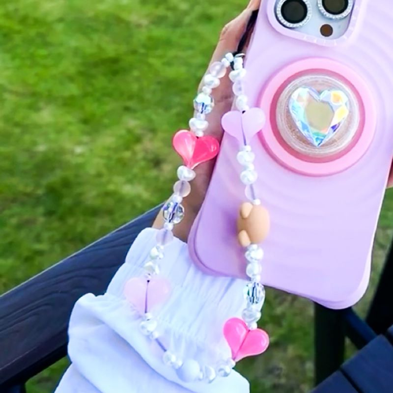 Pink Geometric Beaded Love Bear Phone Chain