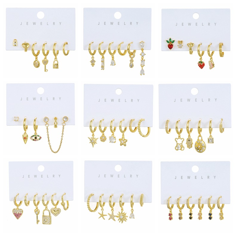 Golden 11 Gold-plated Copper And Diamond Geometric Earring Set