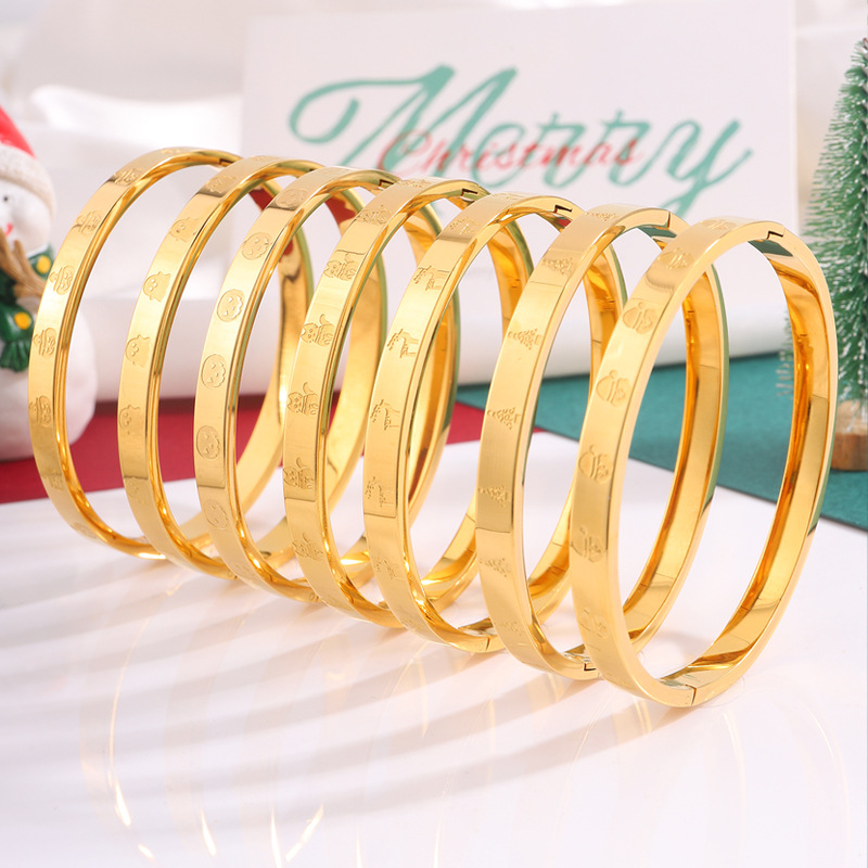 Pulsera Redonda Con Estampado Navideño De Acero De Titanio