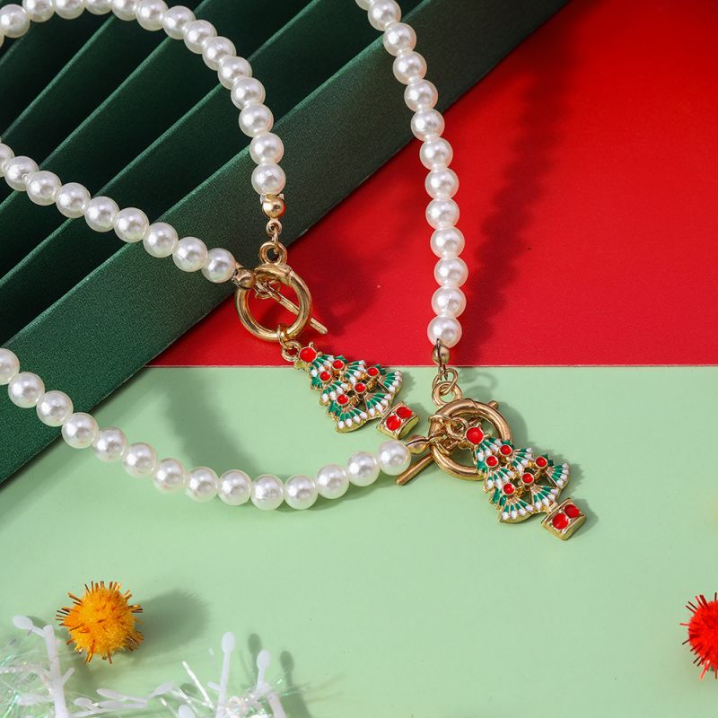 Conjunto De Collar Y Pulsera Con Cuentas De Perlas Y Árbol De Navidad