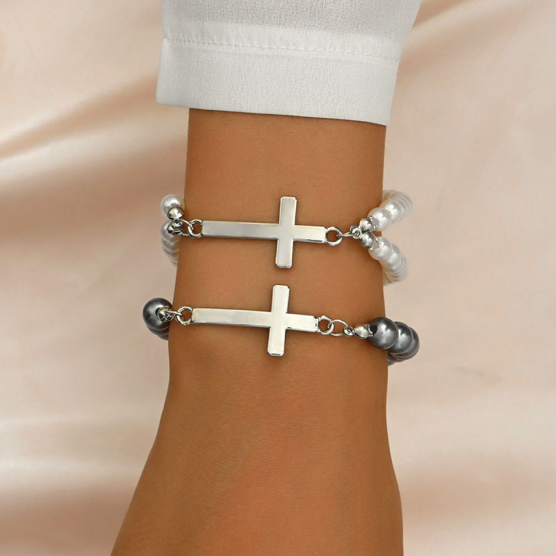 Silver Pearl Beaded Cross Bracelet Set
