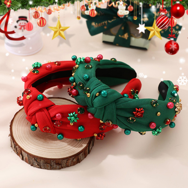 Red Christmas Diamond Pearl Flower Knotted Fabric Headband