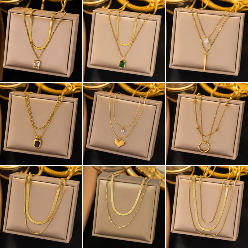 Collar De Doble Capa Con Corazón De Diamantes Y Acero De Titanio