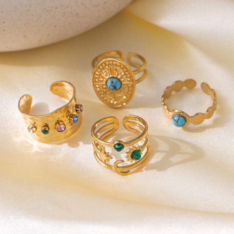 Green Stone Star Moon Ring Gold Titanium Steel Malachite Star And Moon Ring