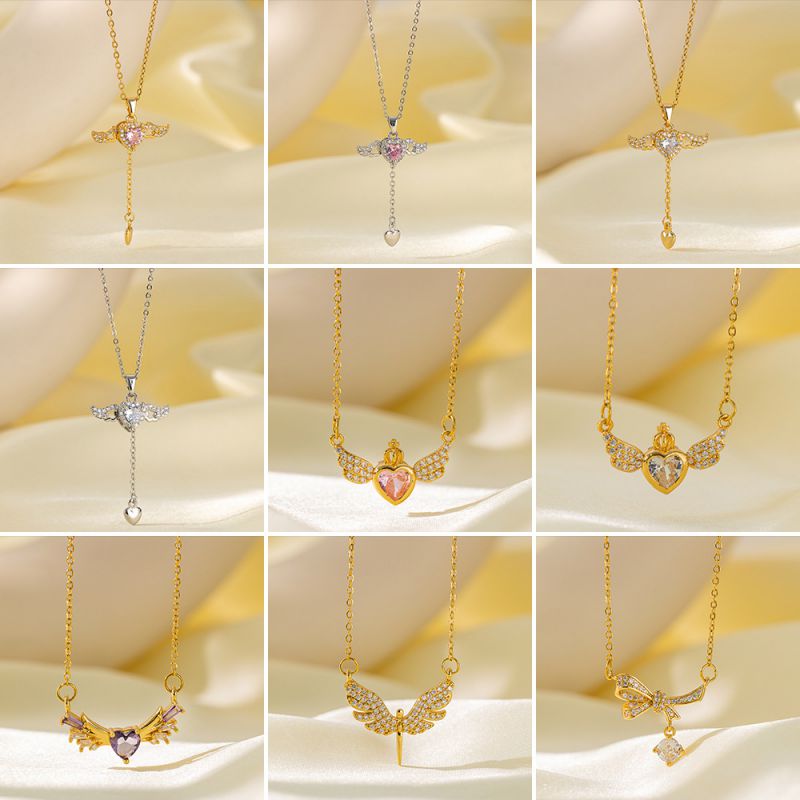 Pink Diamond Heart Wings Necklace Gold Titanium Steel Diamond Heart Y-shaped Necklace