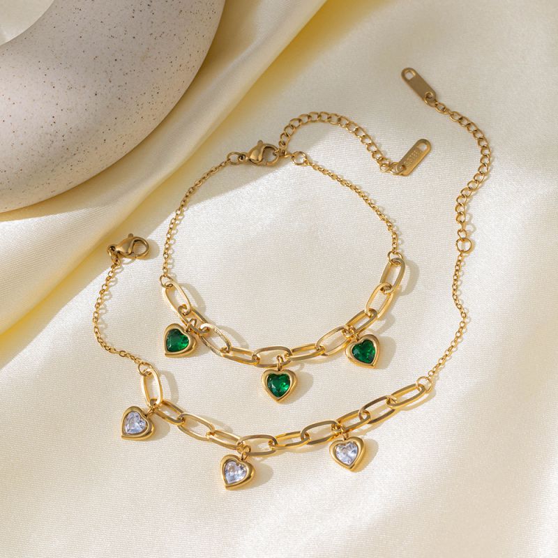 Green Diamond Heart Bracelet Gold Titanium Steel Diamond Heart Chain Bracelet
