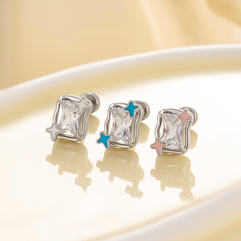 1# White (single) Titanium Steel Diamond Square Piercing Earrings (single)