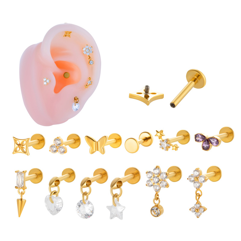 1#golden Titanium Steel Diamond Geometric Piercing Screw Lip Nail