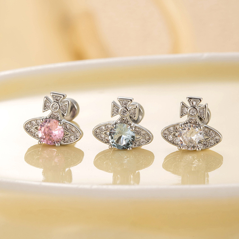 1# Pink (single) Titanium Steel Diamond Round Earrings (single)