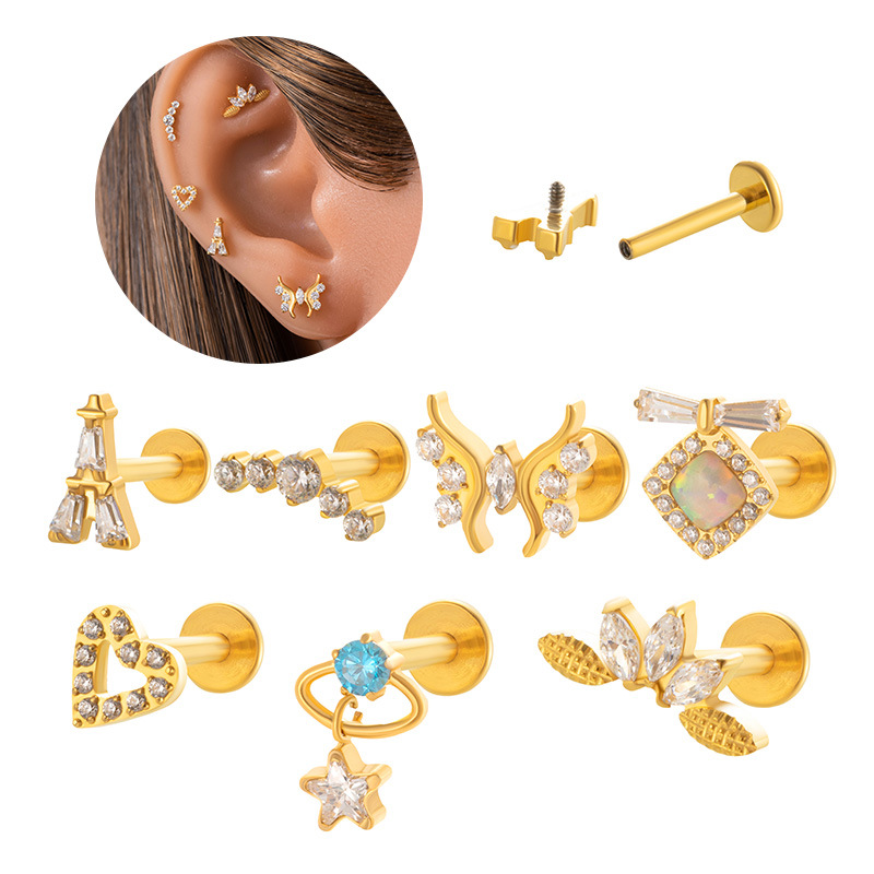 1#golden Titanium Steel Diamond Geometric Flat Bottom Screw Piercing Lip Nail