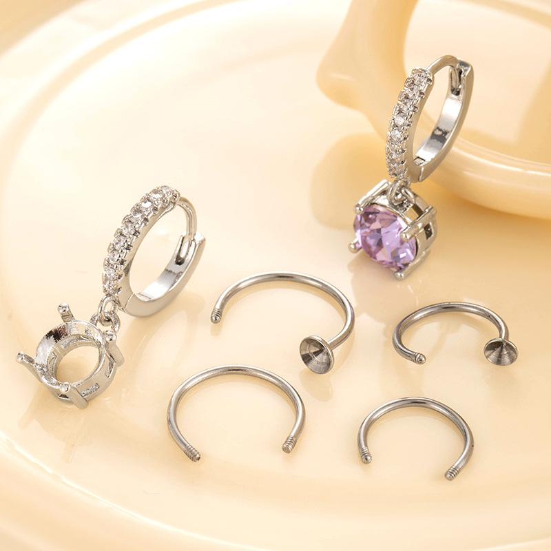 6mm Diamond Four-claw Hollow Support Earrings (single) Metal Diamond Thin Stem Threaded Hoop Earrings