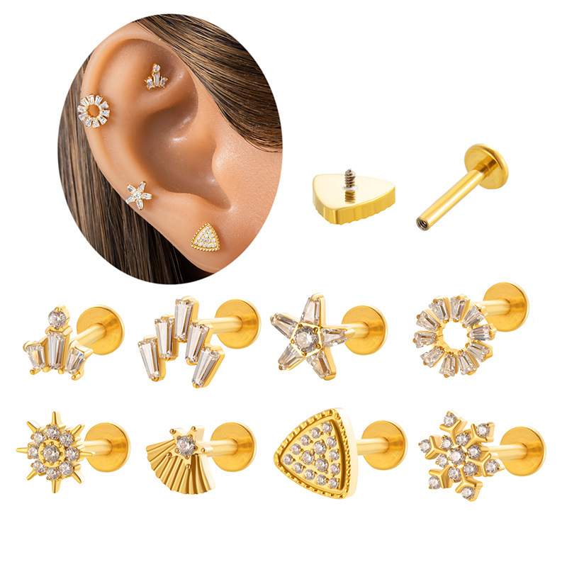 1#golden Titanium Steel Diamond Geometric Flat Bottom Screw Piercing Lip Nail