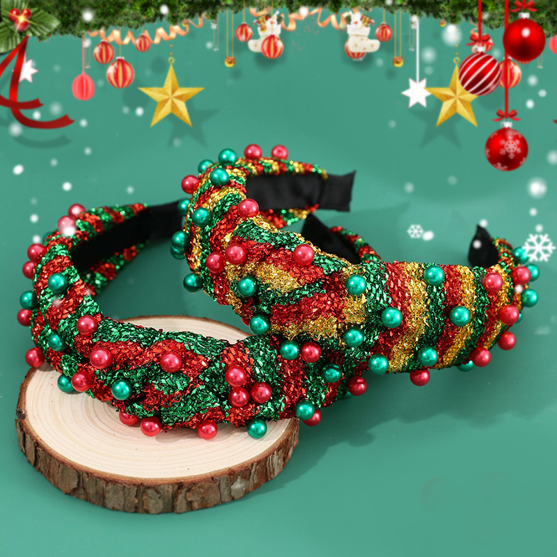 Color 1 Christmas Contrasting Color Stripe Pearl Fabric Knotted Headband