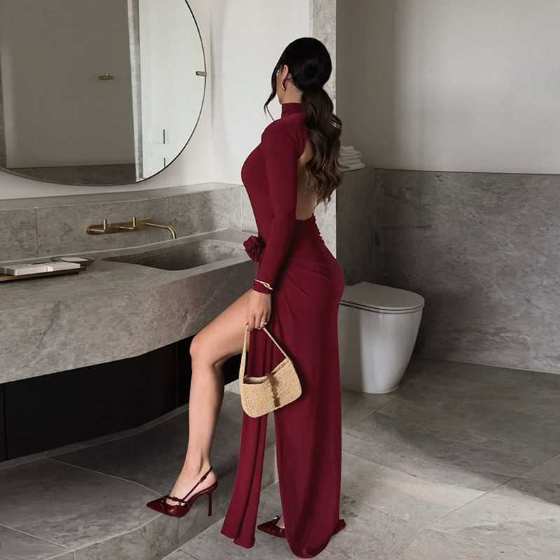 Claret Polyester Turtleneck Long Sleeve Bodysuit Slit Skirt Set
