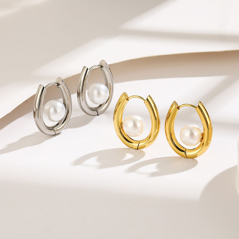 U-shaped Pearl Silver Earrings Titanium Steel Pearl U-shaped Earrings