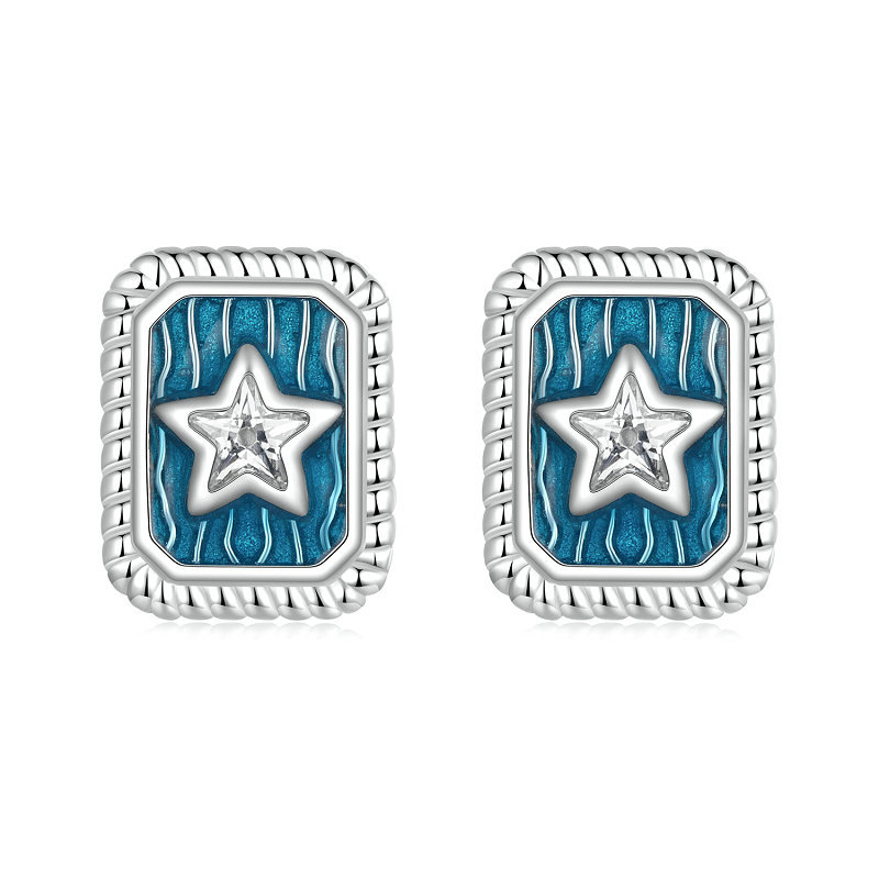 Silver Silver Diamond Star Square Earrings
