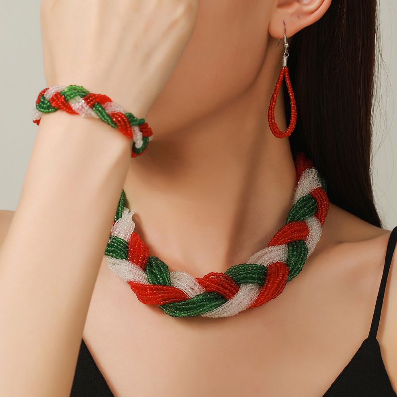 Conjunto De Pendientes Pulsera Y Collar Trenzado Con Cuentas De Arroz.