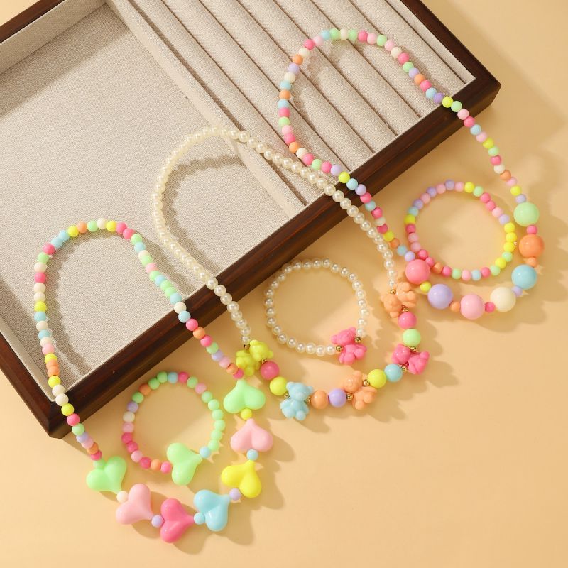 Bear Acrylic Colorful Pearl Beaded Flower Necklace Bracelet Set