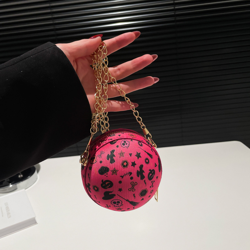 Orange Color Pu Printed Round Crossbody Bag