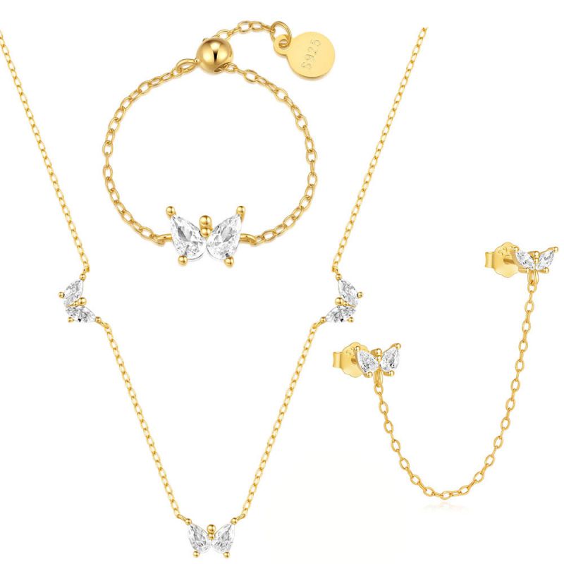 Conjunto De Anillo Collar Y Aretes De Mariposa Con Diamantes Plateados