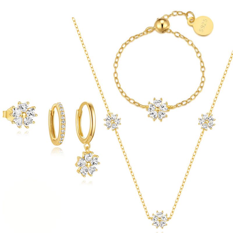 Conjunto De Anillo Pendientes Pulsera Y Collar De Flores Con Diamantes De Plata