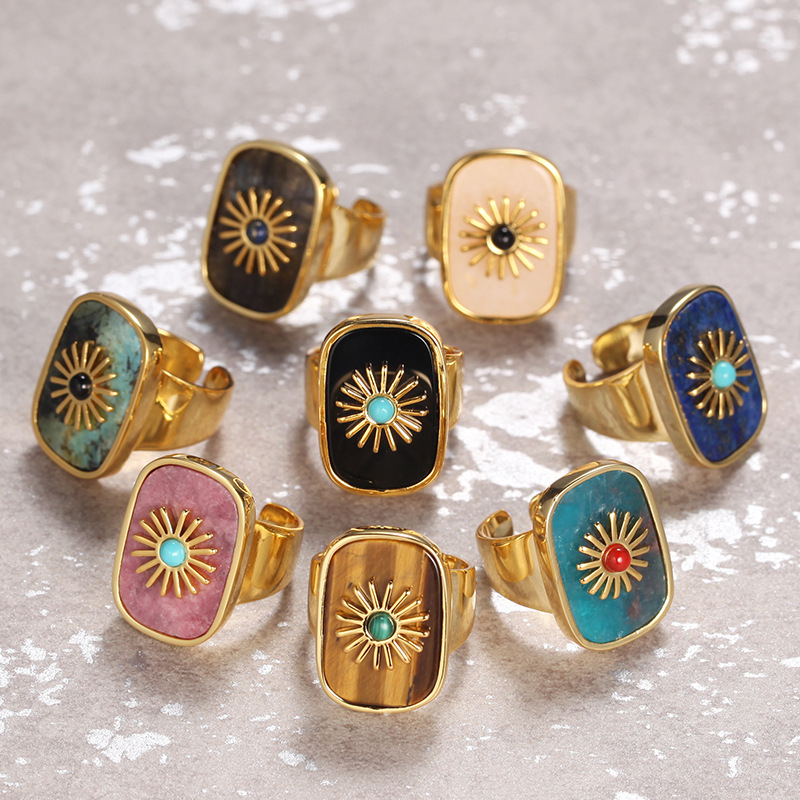 2# Metal Natural Stone Starburst Square Open Ring