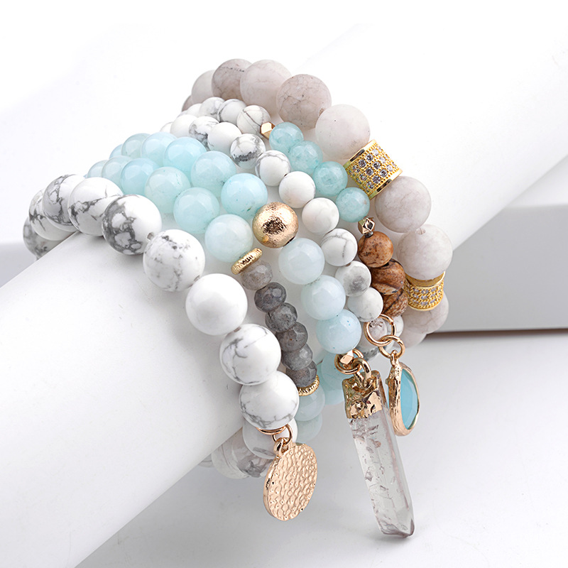 Conjunto De Pulsera Con Cuentas De Cristal Y Cabeza De Pino Blanco De Ónix