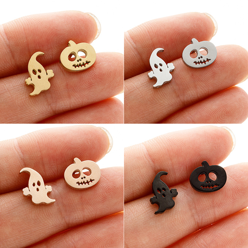 Black Stainless Steel Asymmetric Pumpkin Ghost Earrings