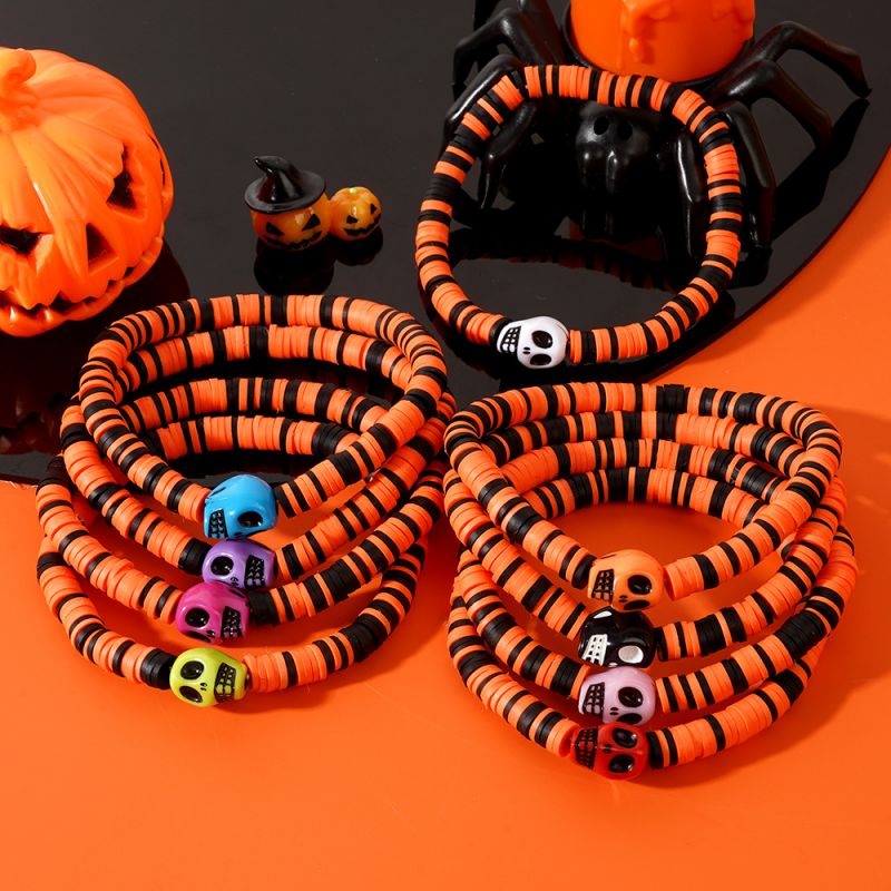 Purple Soft Clay Beaded Halloween Skull Bracelet