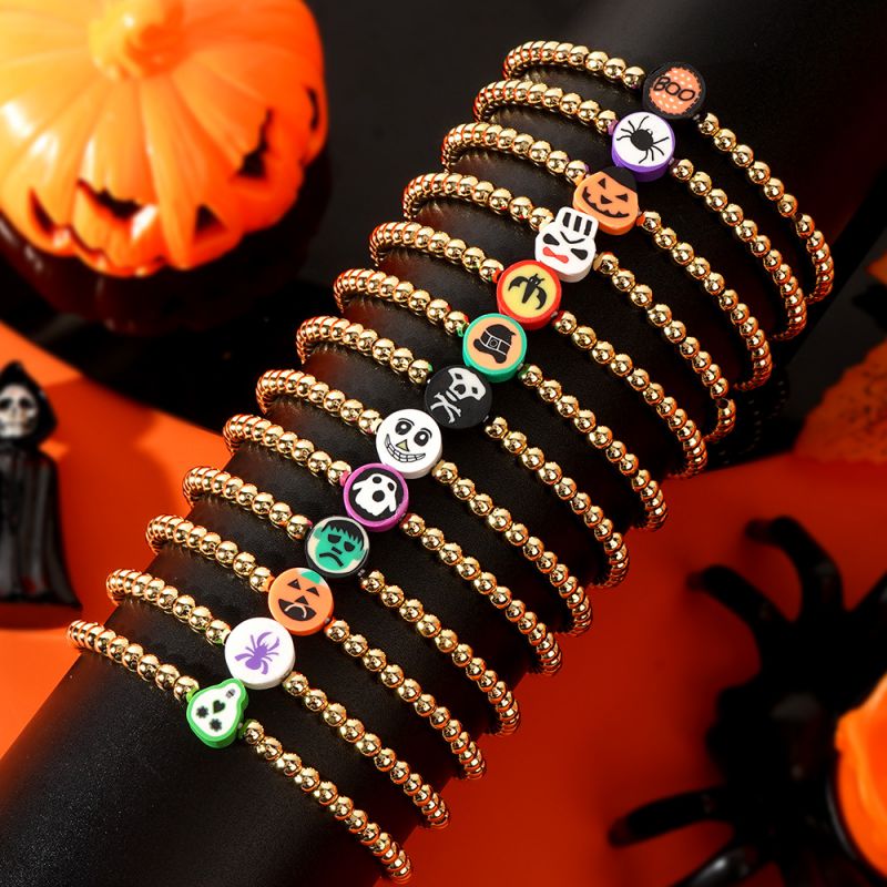 Grimace Polymer Clay Pumpkin Spider Bat Copper Beads Bracelet