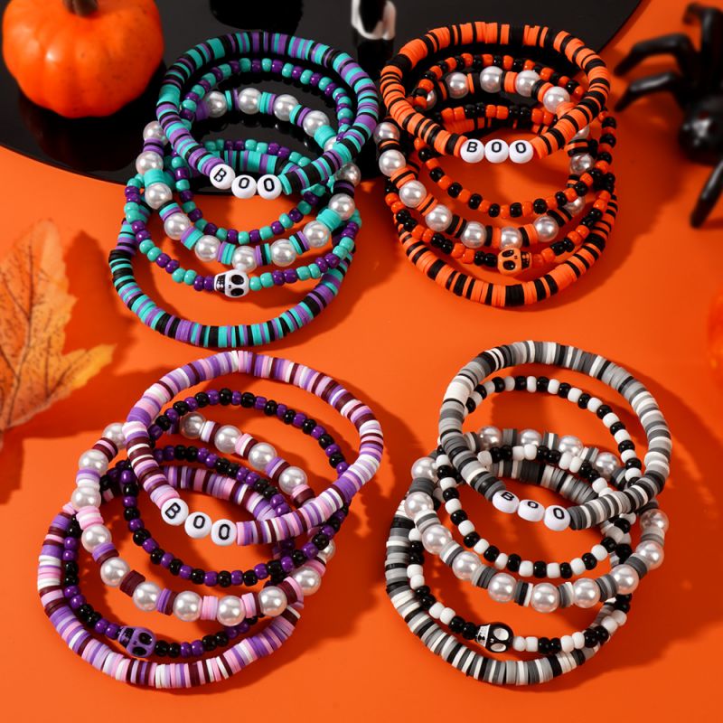 Color Pearl Soft Ceramic Beads Skull Bracelet Set
