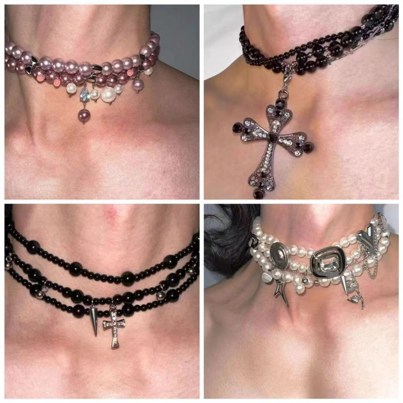 Double-layer Punk Pearl Necklace X4222 Alloy Pearl Beaded Diamond Spider Necklace