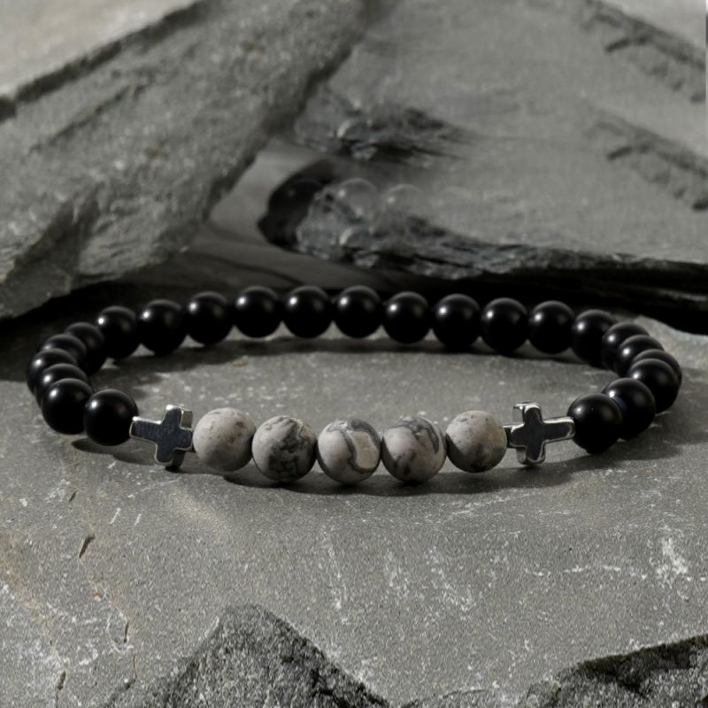Black Geometric Beaded Cross Bracelet