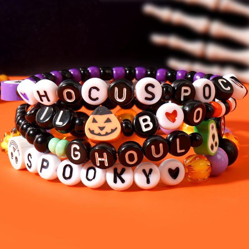 Colour Acrylic Round Rice Bead Bead String Letter Skull Bracelet Set