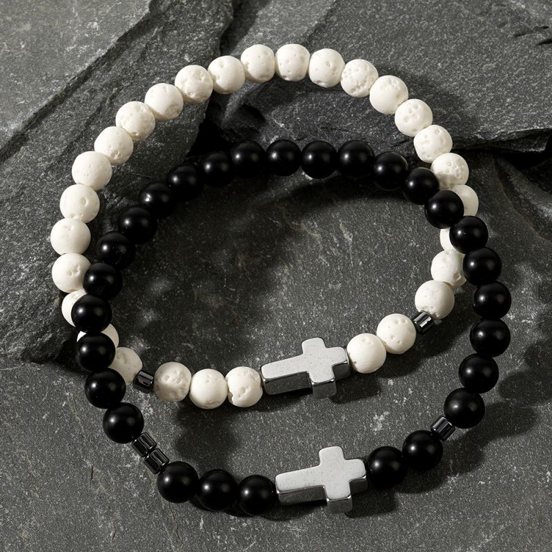 Black Natural Stone Bead Cross Men's Bracelet