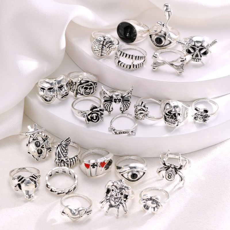 Silver Alloy Skull Mask Poker Ring Set