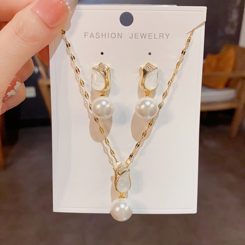 Tulip Pearl Set (thick Gold Plating) Copper Set With Diamonds Pearls Flower Necklace Earring Set