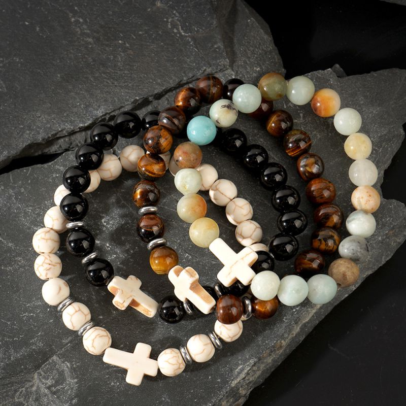 Color Natural Stone Beaded Cross Bracelet Set